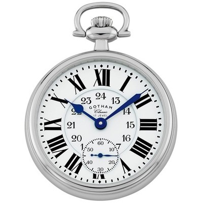 Gotham Classic Series Stainless Steel Open Face 17 Jewel Mechanical Pocket Watch