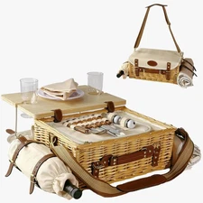 Multifunctional Wicker Picnic Basket Set for 2 with Blanket and Picnic Table