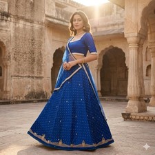 Sanskriti New Blue Pure Satin Silk Lehenga Unstitched Hand Embroidered Zardozi