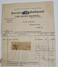 Vintage 1922 Lancaster Pennsylvania Intelligence News Journal Billhead Receipt