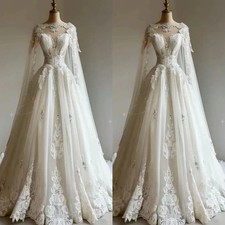 Medieval Wedding Dress Cape Wrap Lace Applique Ivory Long A-Line Fairy Bridal