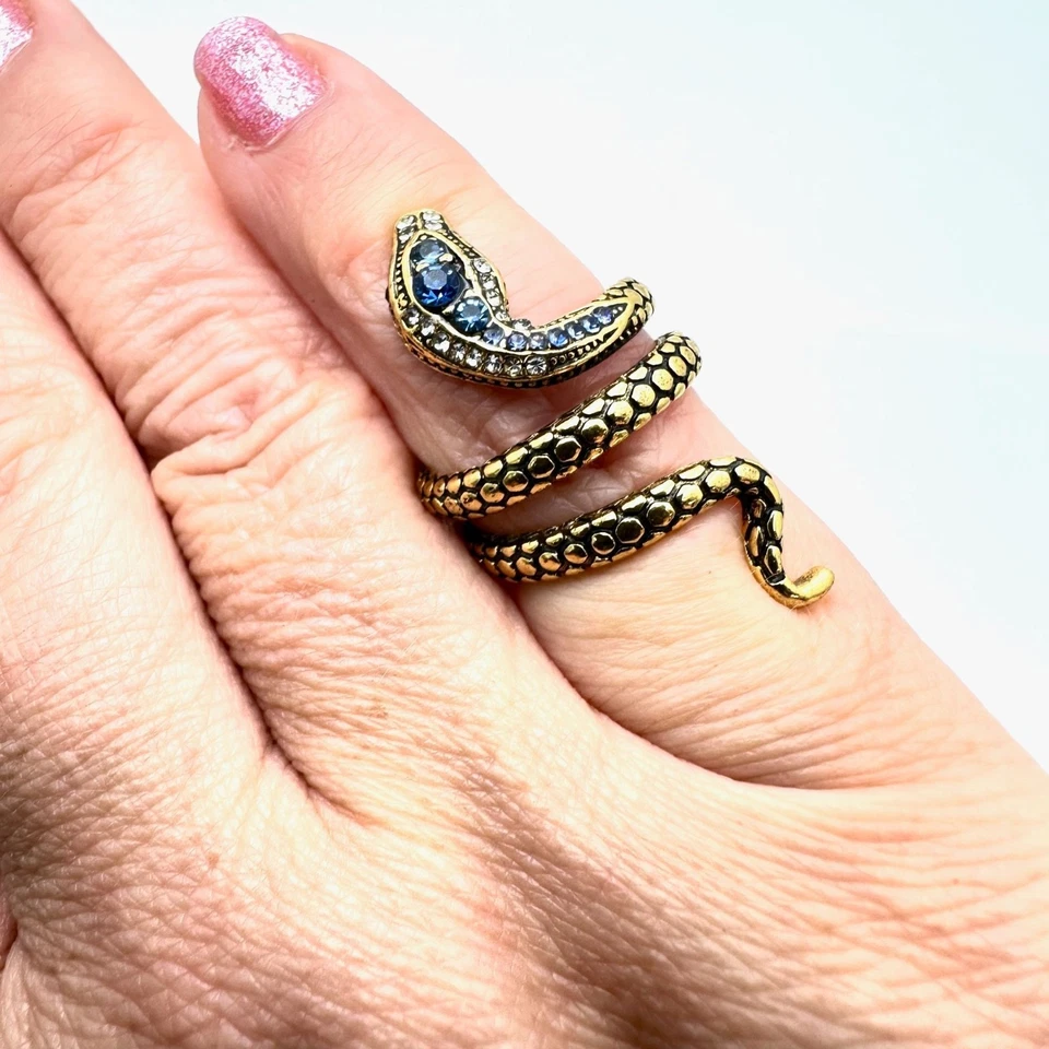 Womens Snake Ring Blue Rhinestone Antiqued Gold Tone Adjustable Vintage Style - Image 2 of 4