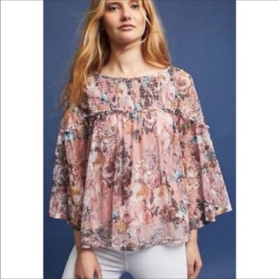 Anthropologie Akemi + Kin Floral Lace Patrizia Bell Sleeve Smocked Top Boho S