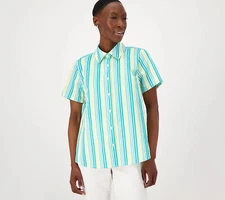 Denim & Co. Coolmax Striped Button Front Shirt Sunny Lime XXS New