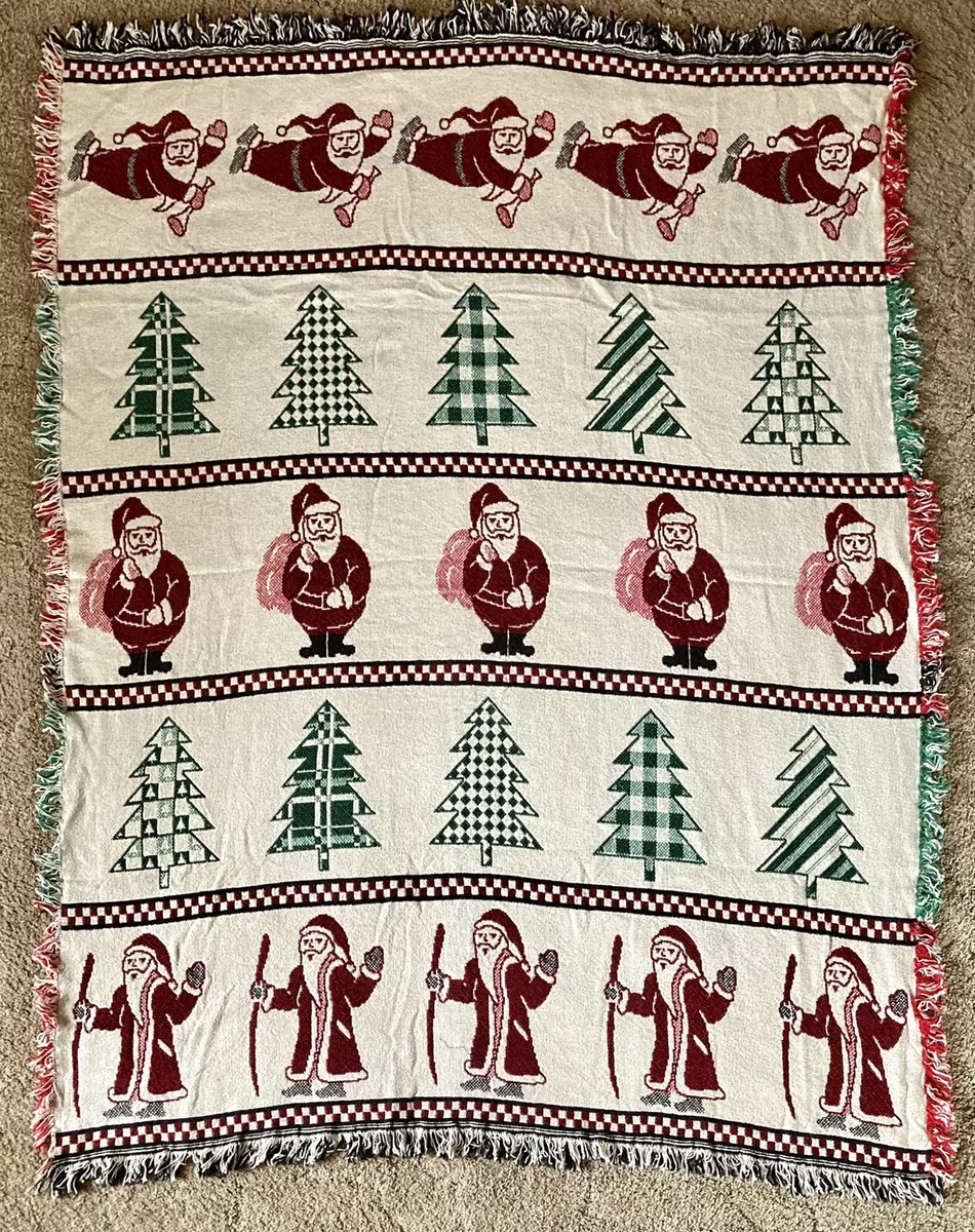 Vtg 90s Woven Christmas Throw Blanket Santa Trees 50 X 65 Fringe