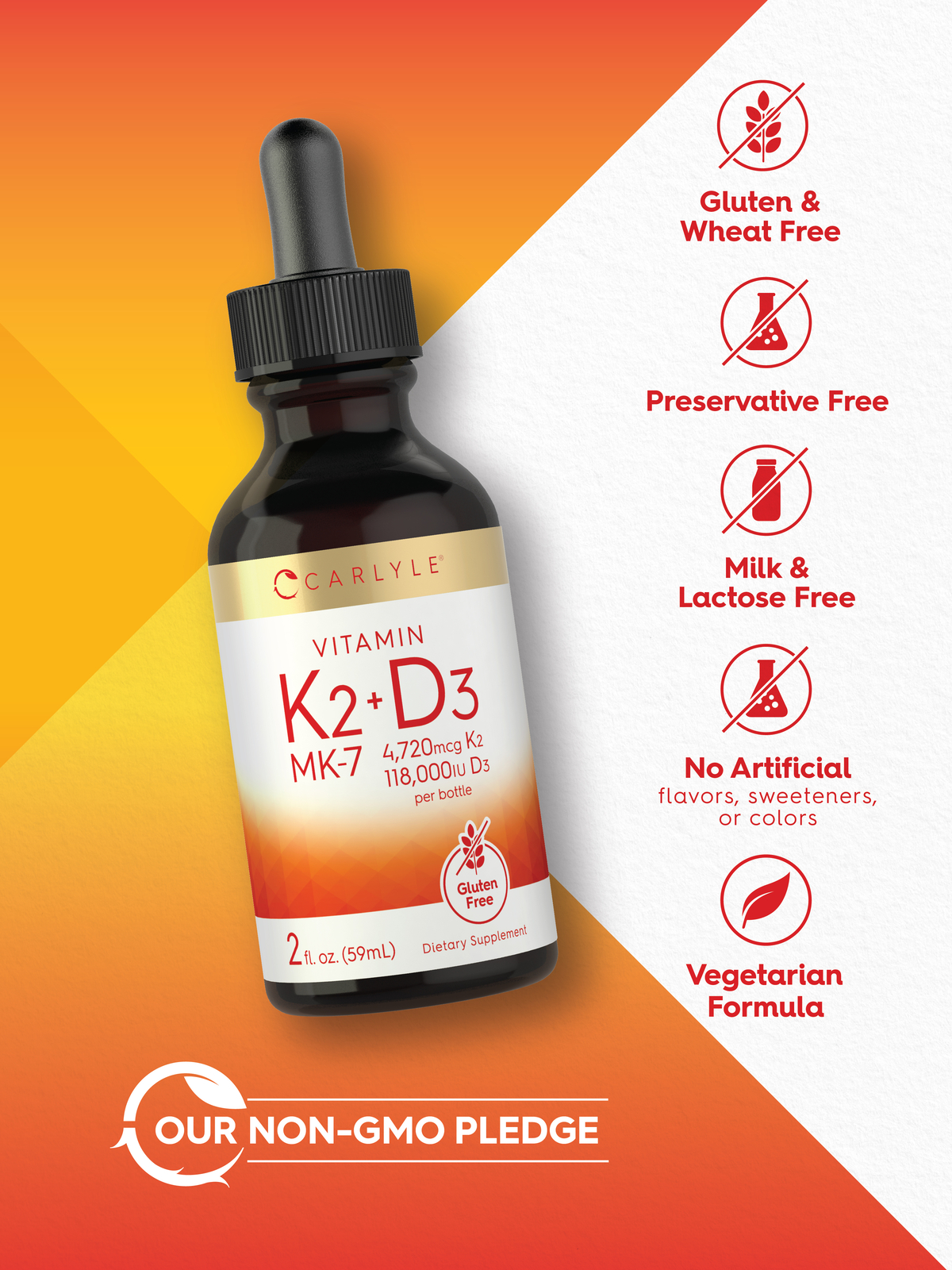 Vitamin D3 K2 MK7 Liquid Drops 2 Fl Oz Vegetarian, NonGMO by