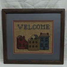 Counted Cross Stitch Completed And Framed Welcome Picture Matted Signed 1987