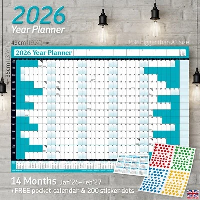 PLANNER HEAD 2026 Yearly Planner Annual Wall Chart Year Calender +FREE 200 Sticker Dots ✔AQUA