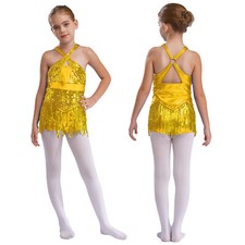 Kids Girls Bodysuit Mesh Jumpsuit Sparkly Leotards Patchwork Outfit Cha-Cha