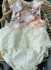 Girl Birthday Butterfly Outfit Rose Gold Sequin Romper Dress Pastel Clothes Lace