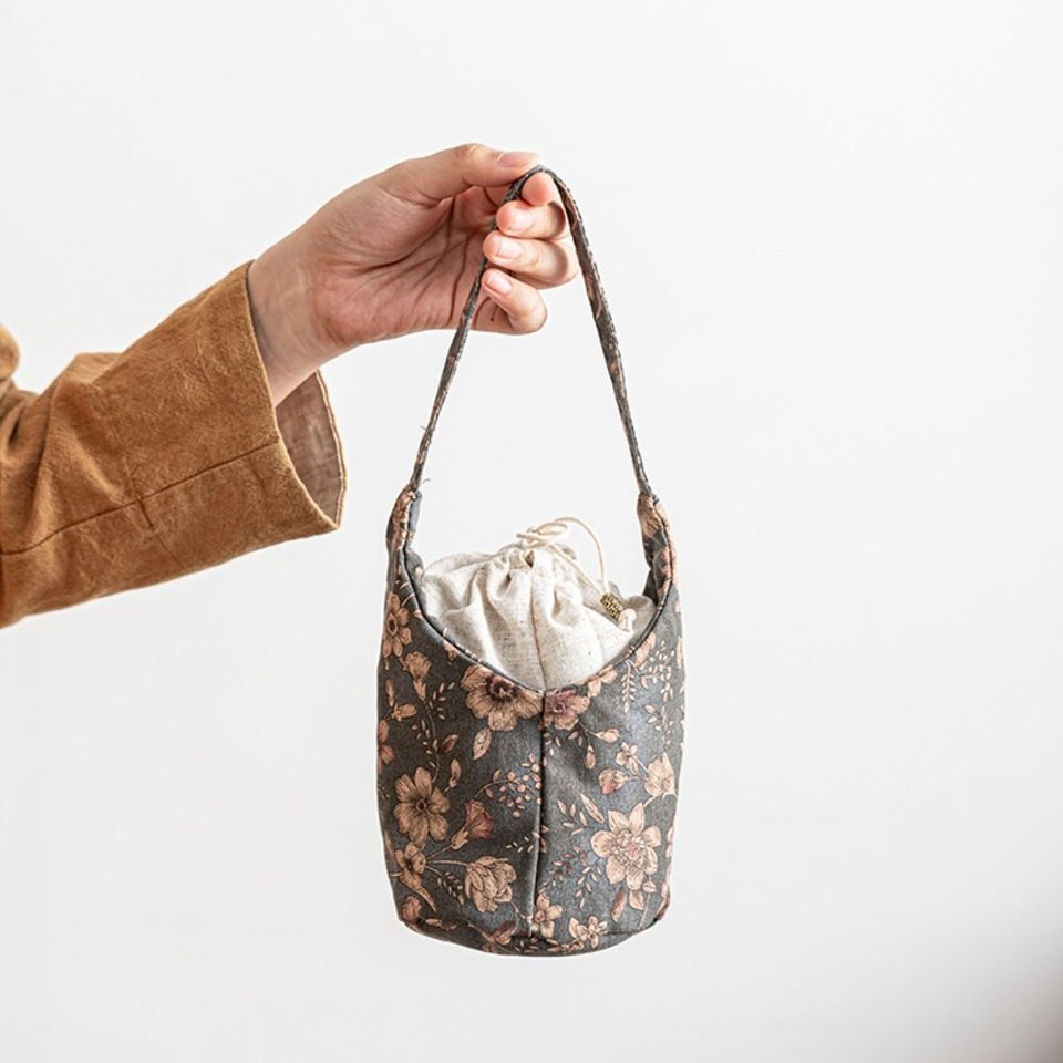 Handbag Tea Tools Storage Bag Flower Print Drawstring Bundle Pocket