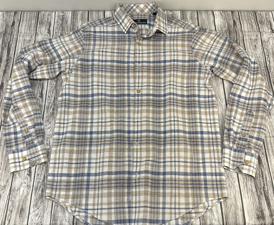 Hart Schaffer Marx Hombres Manga Larga Botones Mezcla de Lino Cuadros Talla Pequeña Foto 2 de 4