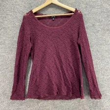 Apt. 9 Blouse Women L Large Purple Paisley Crochet Round Neck Long Sleeve Casual