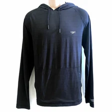 Speedo Men's Long Raglan Sleeve Hooded Swim Shirt Size XL Black
