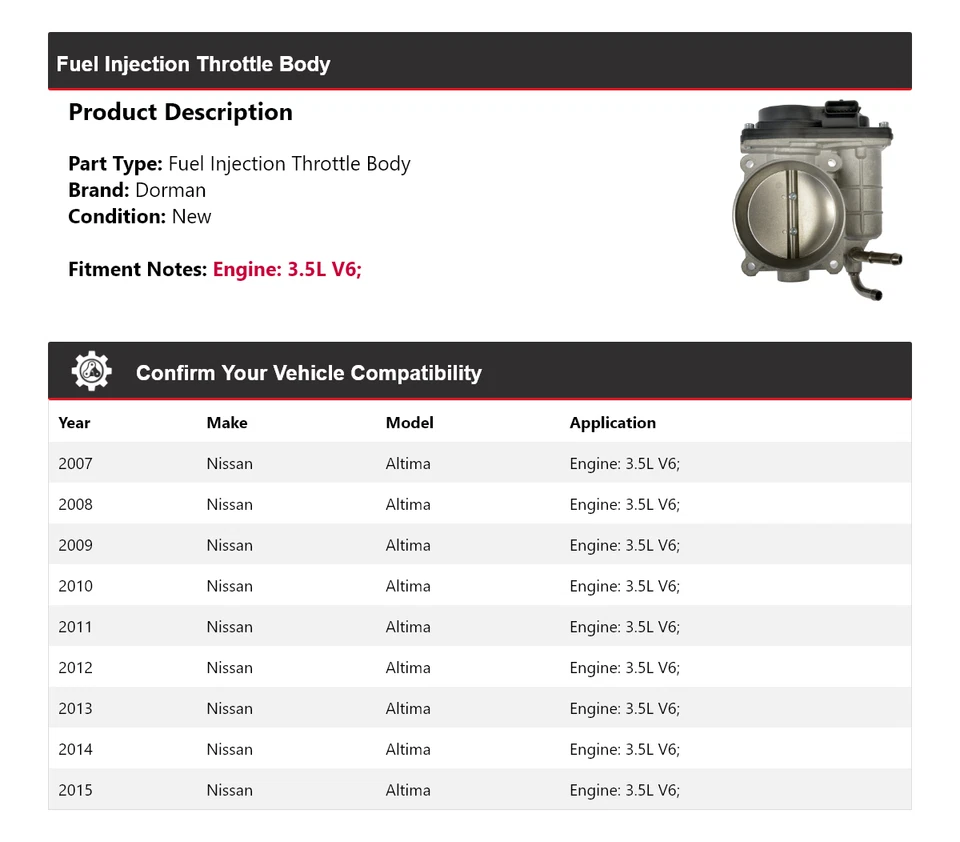Carrocería de acelerador de inyección de combustible Dorman V6 3,5 L 2007-2015 Nissan Altima 2008 Foto 2 de 4