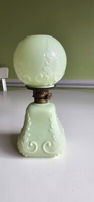 EAPG Miniature Gillinder Defender Custard Yellow Opaque Glass Oil Lamp has crack