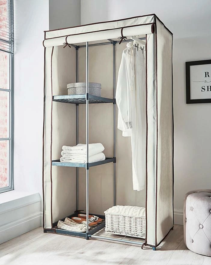 Steel Covered Single Wardrobe with 4 Plastic Shelves 1 Rail Storage Organiser