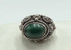 Vintage MEXICO Sterling Silver Oval Green Stone Silver Beaded Ring Signed Size 6