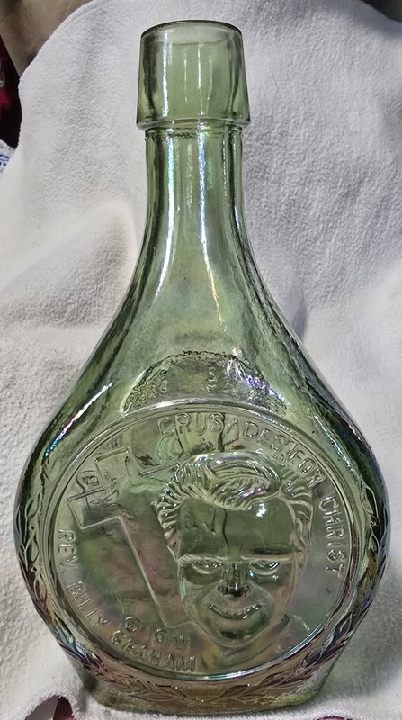 Vintage Wheaton Glass Rev. Billy Graham Lime Green Iridescent Decanter 8.5"