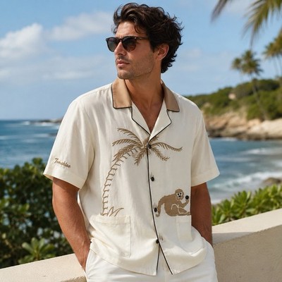 Tombolo Tencel Cabana Shirt Monkey Palm Embroidered XL $148