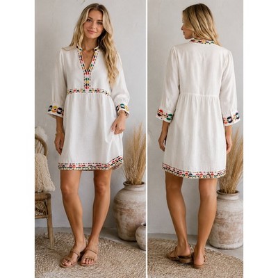 NWT Boden White Linen Embroidered Dot Dress US 10 Multi Color Trim Mini Pockets