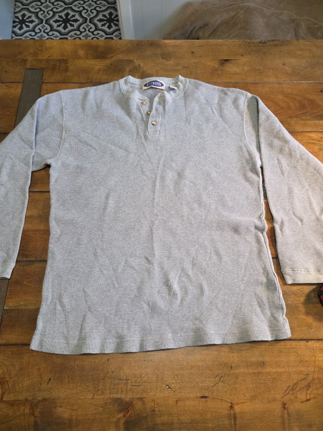 Vtg 90s Express Waffle Knit Henley Shirt Grey Boxy Boyfriend Fit Size Medium image 5