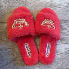 JUICY COUTURE Gwenno Women  s Red Faux Fur Jeweled Slippers Size US 8