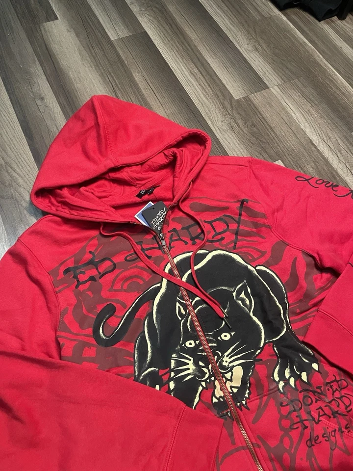 Ed Hardy Sudadera con Capucha Roja Relajada Pantera Negra Nueva con Etiquetas Talla L (2 En Stock) Foto 3 de 4