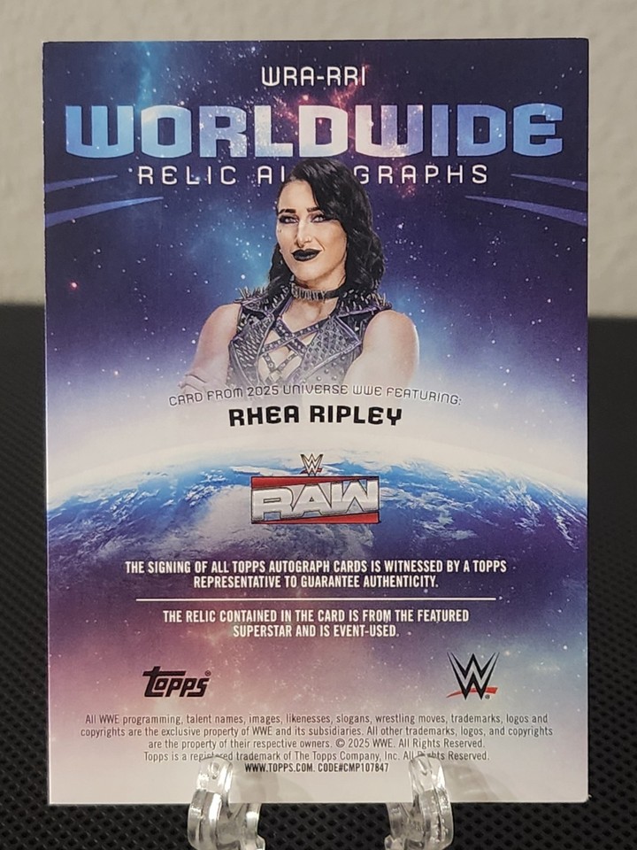 Most Expensive Rhea Ripley Card 2025 Topps WWE Universe Rhea Ripley Worldwide Relic Auto Red /10 On ...