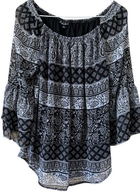 ROZ & ALI Shirt Women s Black & Gray Floral Top Lined Sheer Bell Sleeves Size M