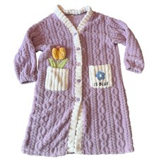 Seans Purple Cable Knit Fleece Robe Flower Applique Button Front Housecoat Sz 2