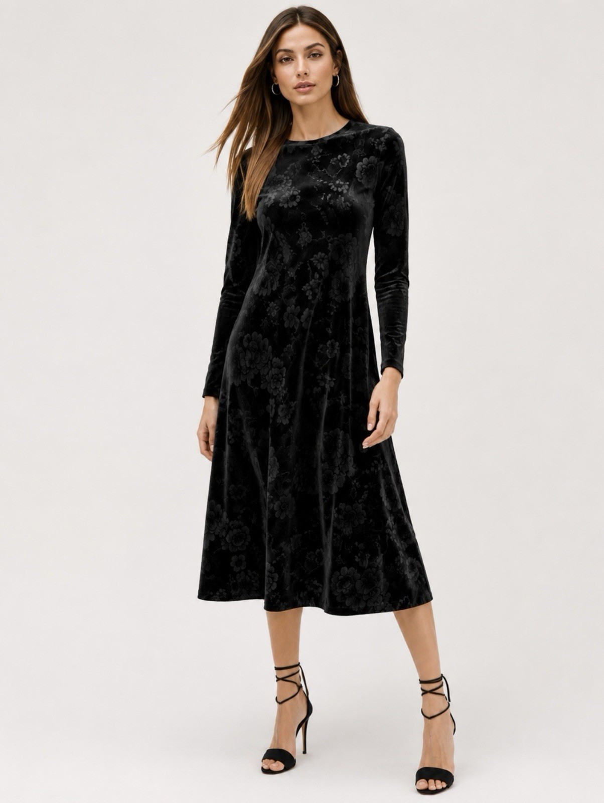 New🌺 New Johnny Was Embossed Stretch Velvet Black Floral Midi Dress S
