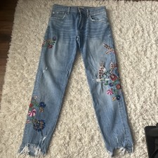 Zara Premium Denim Distressed Frayed Floral Jeans Gray Womens 2