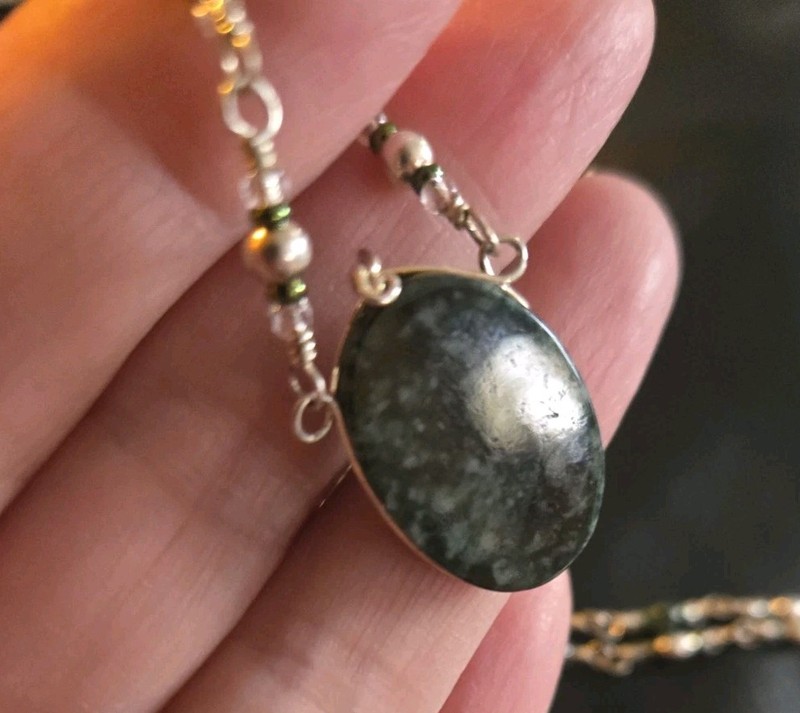 Green Moss Agate Silver Wire Oval Pendant Glass Beaded Artisan Necklace 16"