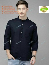 Mens Kurta Traditional Top Shirt Solid Mens Wear Cotton Short Black Kurta