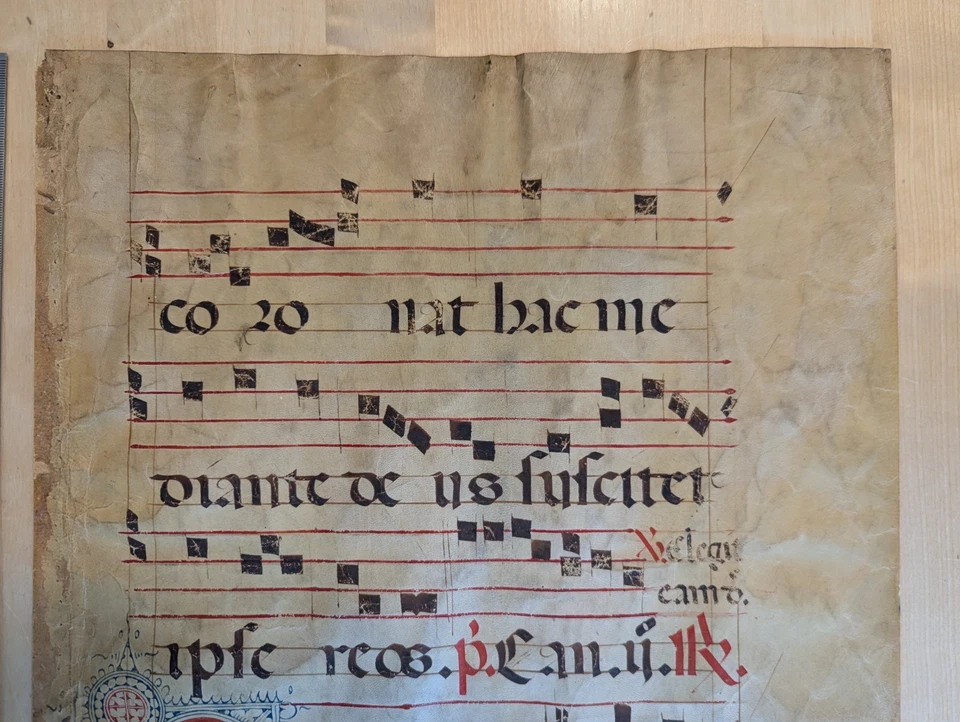 Authentic Antiphonary Vellum Manuscript, est. 15th Century, 2-sided  18x13 in.  - Image 3 of 4