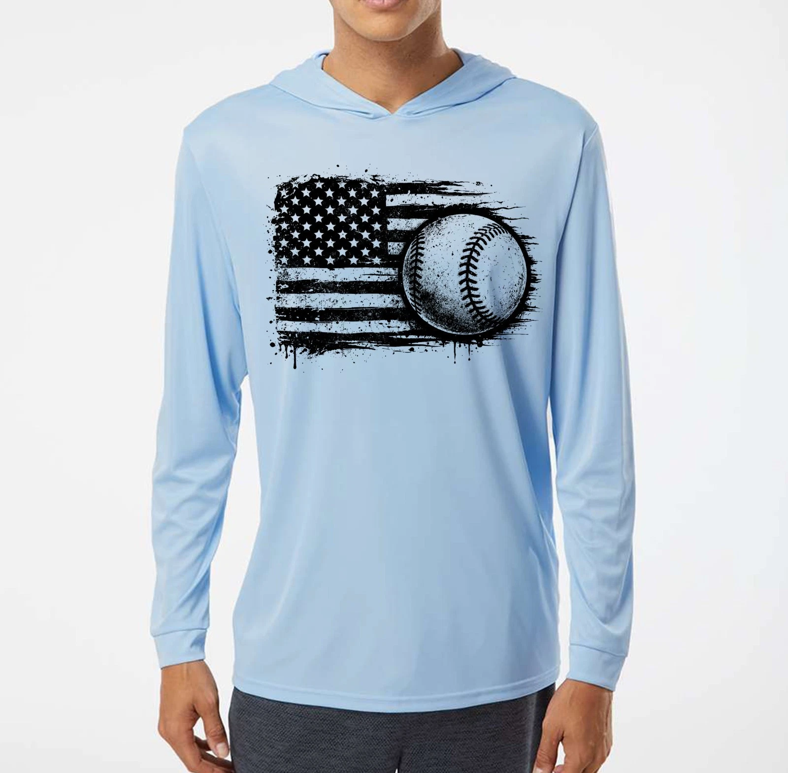 Baseball American Flag Sport UV Protected UPF 50 Long Sleeve T-Shirt Hood Fishin
