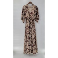 Baltic Born Floral Maxi Dress L Beige Lined to Thigh Whimsical Feminine Vacation