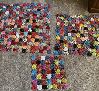 Lotto 3 pezzi copripiumino Yo Yo vintage fatti a mano colori vivaci rosso giallo