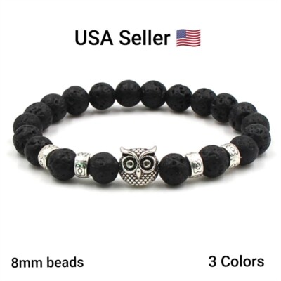 New 8mm Natural Stone Beaded Bracelets Bangle Magma Owl Bracelet Energy Unisex