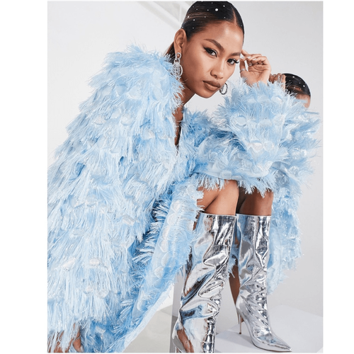 ASOS Edition Mini Abito Jacquard Maniche Lunghe con Frange, Blu, Taglia 4, Nuovo con etichette - Foto 4 di 4