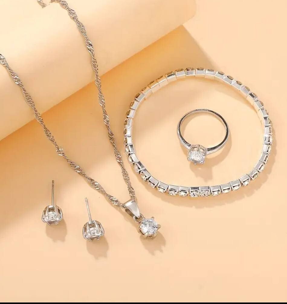 Women Jewelry Set White Stone Silver Necklace, Bracelet, Earring