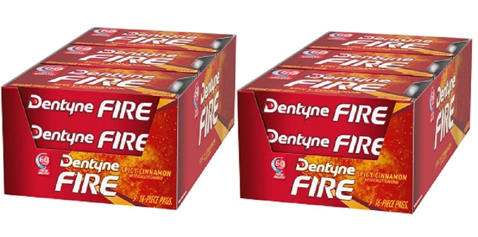 Dentyne Fire Spicy Cinnamon Gum 16 Piece of 9 Pack Lot of 2 Total 288 Pieces