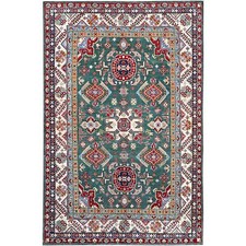 6'1"x9'2" Green Kazak Motifs Hand Knotted Denser Weave Wool Oriental Rug R86804