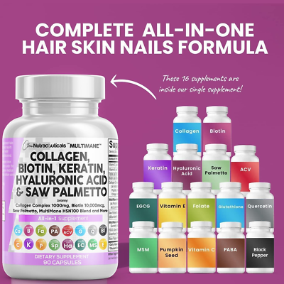 Collagen Pills 1000Mg Biotin 10000Mcg Keratin Saw Palmetto Hyaluronic Acid  - Hai | eBay