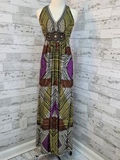 Eci New York Maxi Dress 8 Beaded Geometric Boho Y2K Sleeveless V Neck