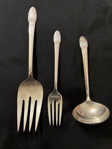 1937 First Love By 1847 Rogers Bros 3 Pc Set / 9” Cold Meat Fork W/ Design