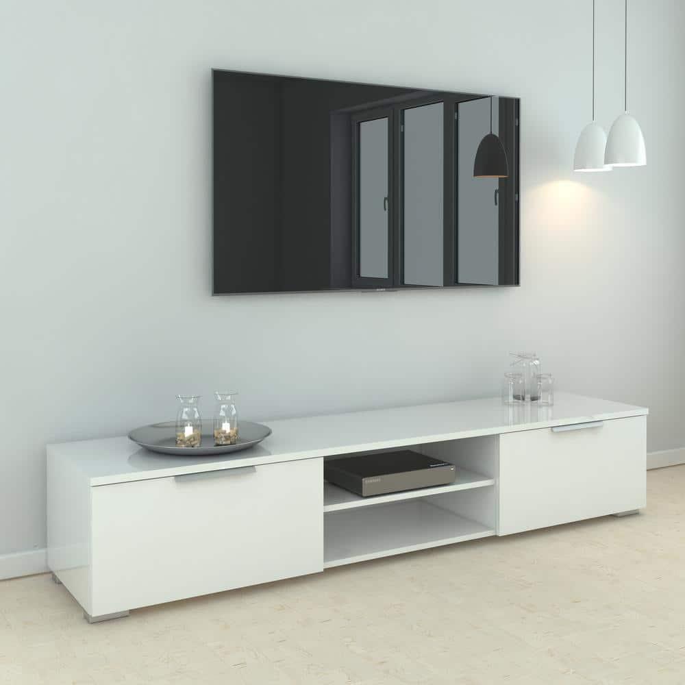 Tvilum TV Stand 68" Engineered Wood Modern White High Gloss w/ Shelves + Drawer