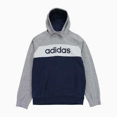 Adidas Logo Hoody Herren Medium Navy Blau Grau Weiß Spellout Fleece Gefüttert Hoodie