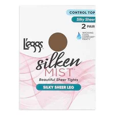 L'eggs Silken Mist Silky Sheer Leg Control Top Tights, 2 Pairs Sun Beige Size Q